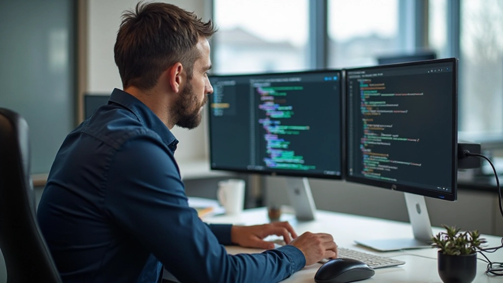 Ervaren webdesigner aan het werk met WordPress code editor, gefocust op scherm met website development tools