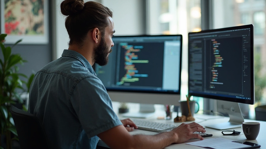 Ontwikkelaar aan het werk met code editor en WordPress plugins manager open op twee schermen